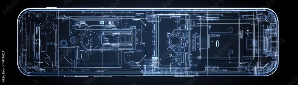 Poster an elegant smartphone blueprint overlaid on a circuit board, with intricate, precise lines, represen