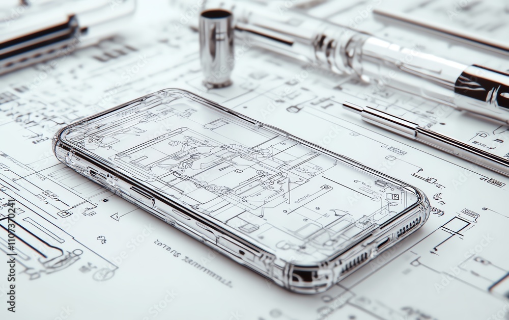 Poster an elegant smartphone blueprint on a circuit board, featuring fine details and intricate lines, symb