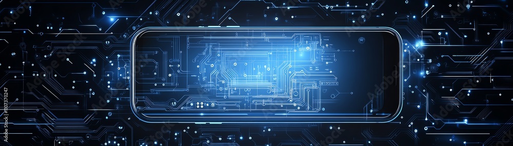 Poster an elegant smartphone blueprint overlaid on a circuit board, with intricate, precise lines, represen