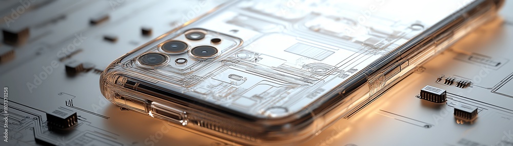 Poster an elegant smartphone blueprint overlaid on a circuit board, with intricate, precise lines, represen