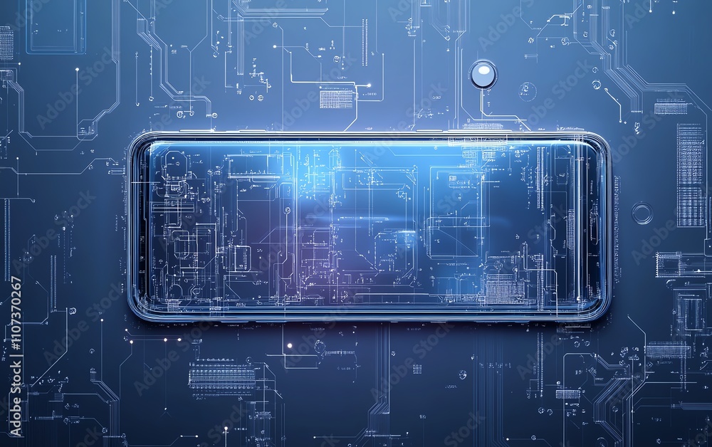 Poster an elegant smartphone blueprint on a circuit board, featuring fine details and intricate lines, symb