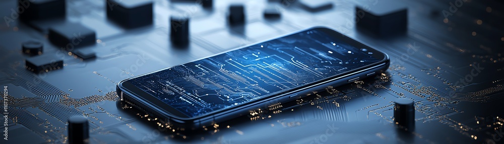Poster an elegant smartphone blueprint overlaid on a circuit board, with intricate, precise lines, represen