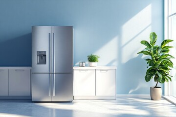 Luxury double-door refrigerator in a blue-walled kitchen