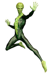 3D Rendering Green Alien on White