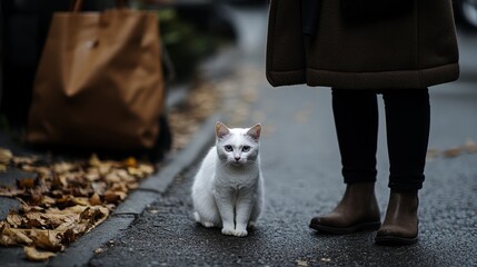 compassionate interaction between human and street cat, speckled white feline, casual urban fashion, concrete texture, photojournalistic approach