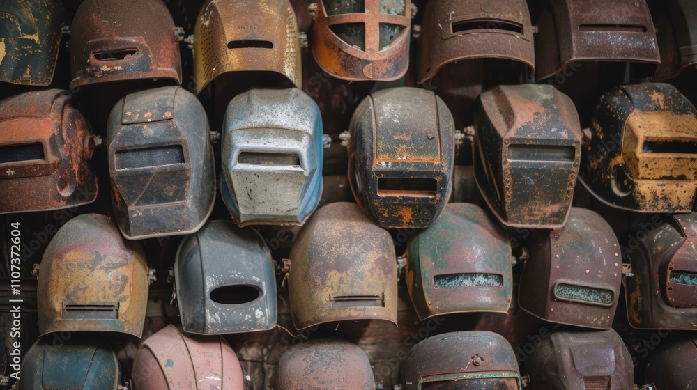 Poster a series of vintage welding masks each one slightly different in shape and design highlights the uni