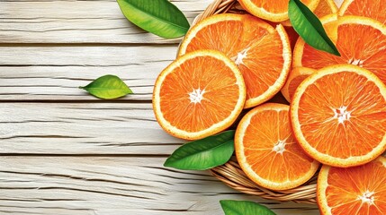 Fresh orange slices in a basket on a white wooden surface.