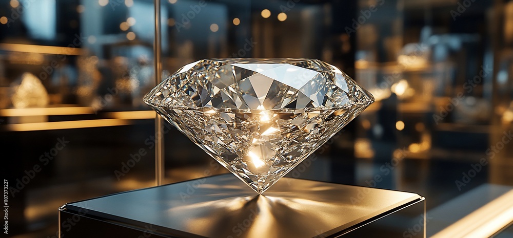 Poster a sparkling diamond displayed in a showcase, highlighting its brilliance.