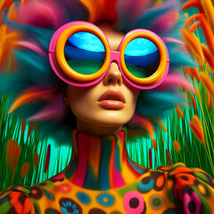 Oversized colorful retro glasses on a woman and has colorful grassy hair surreal abstract portrait