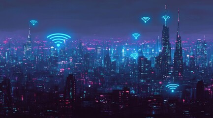 A wide shot of the city skyline at night, with digital blue wireless signal icons floating