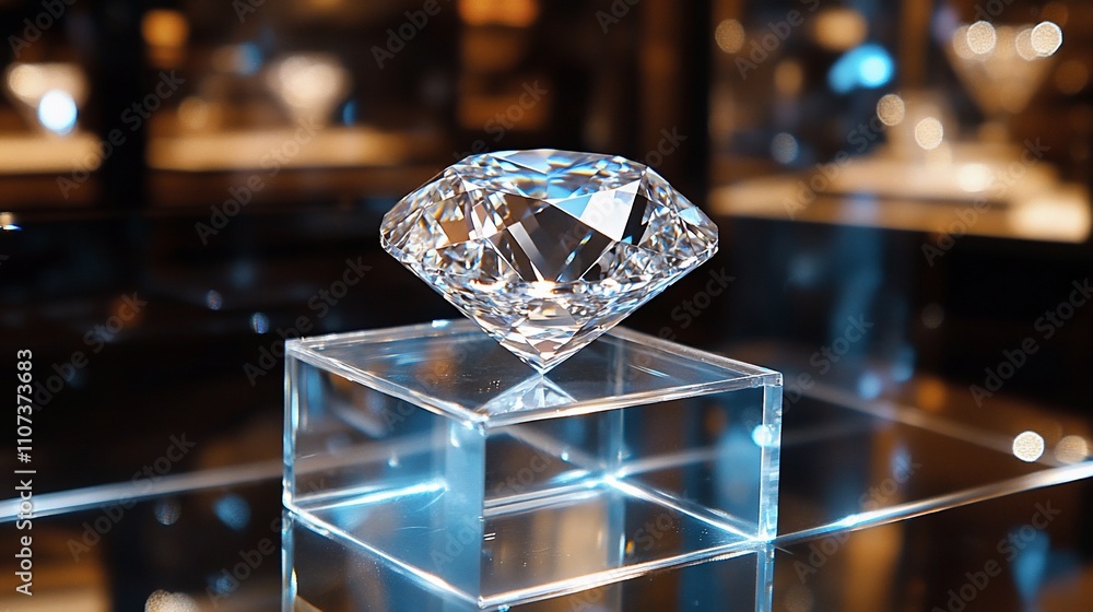 Poster a sparkling diamond displayed on a clear pedestal in a showcase.