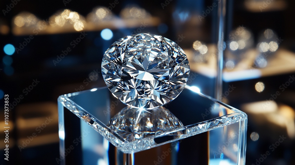 Poster a sparkling diamond displayed on a clear pedestal in a showcase.