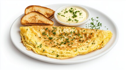 Delicious herb omelette with toast and cream sauce on a white plate