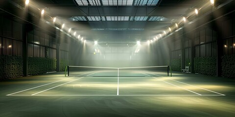 a tennis court with lights.

