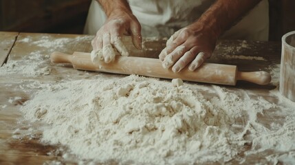 Caucasian male kneading dough with rolling pin on floured wooden surface