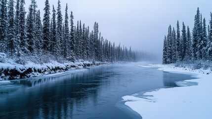 A tranquil scene of snow-covered trees lining a riverbank, with the water partially frozen.