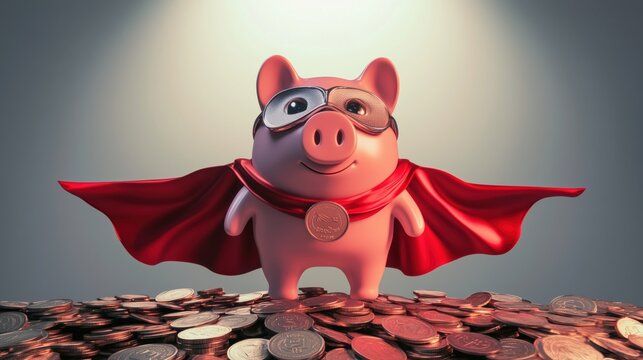 Superhero piggy bank in cape standing on pile of coins