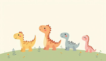 Naklejka premium Cheerful Cartoon Dinosaurs Standing Together on Green Hill with Simple Background
