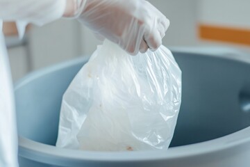 Fototapeta premium Gloved hand disposing white bag in trash bin for safe waste management