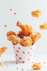 Crispy fried chicken pieces falling into a colorful bucket with seasonings