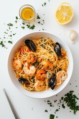 Seafood spaghetti with shrimp, mussels, and herbs in white bowl