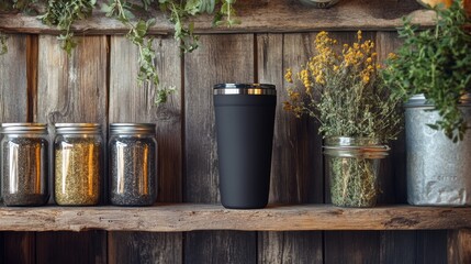 Obraz premium Black Tumbler on Shelf.