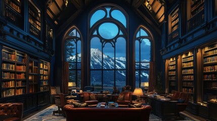 Obraz premium Grand library with mountain view, Gothic architecture, bookshelves, leather furniture.