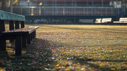 Peaceful morning in a confetti-strewn park with empty bench