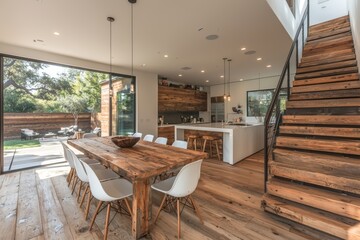 Fototapeta premium Elegant millennial gray dining experience modern home interior design cozy atmosphere open view contemporary living