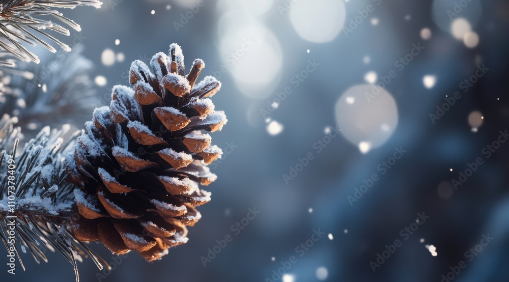 Poster frosty pine cones on a snowy tree branch with falling snowflakes in the winter background.