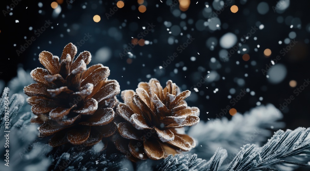Poster frosty pine cones on a snowy tree branch with falling snowflakes in the winter background.