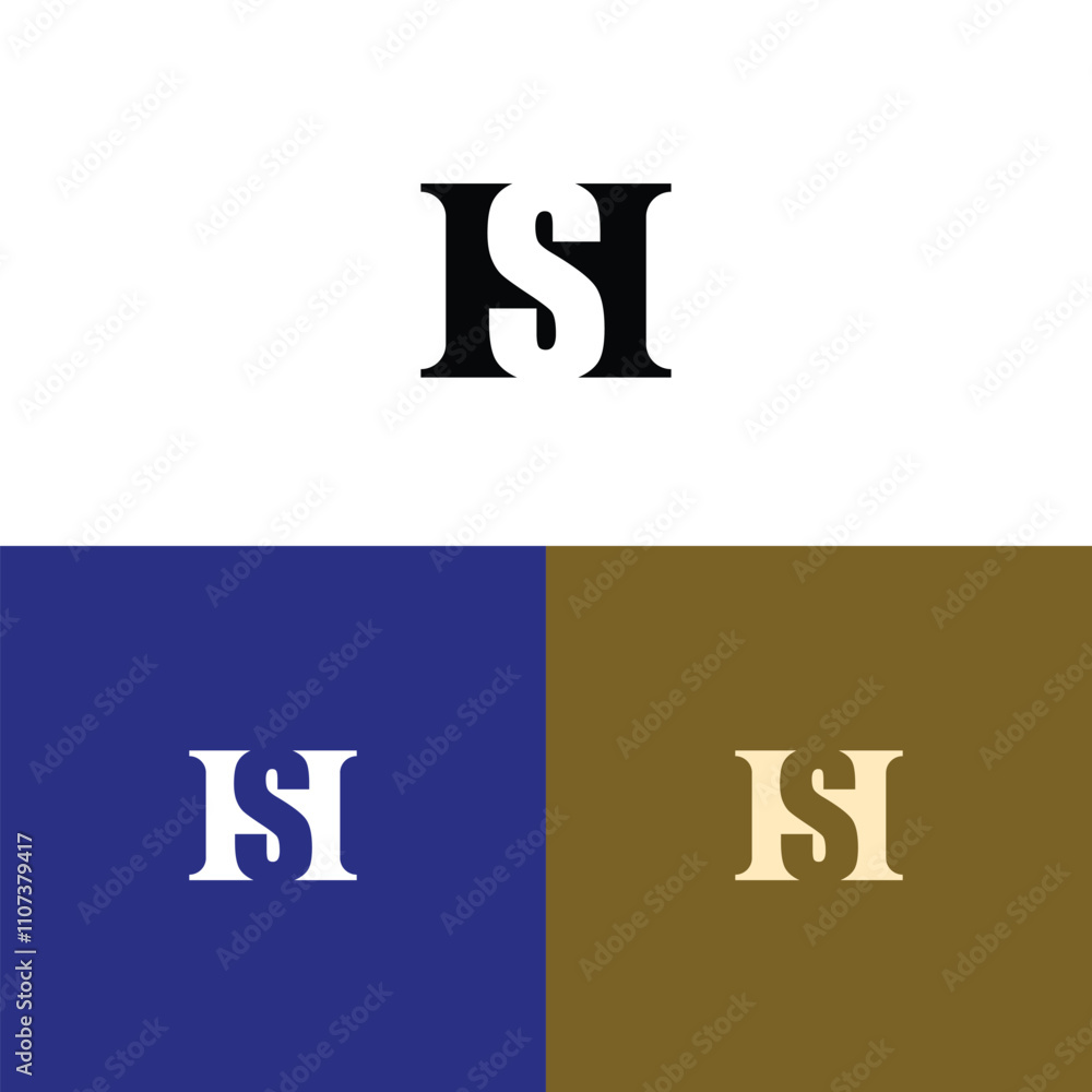 Poster a minimalist logo design featuring the initials hsi in various color schemes. suitable for business 