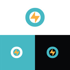 A minimalist logo design featuring a lightning bolt inside a circle. The logo is displayed on various backgrounds.