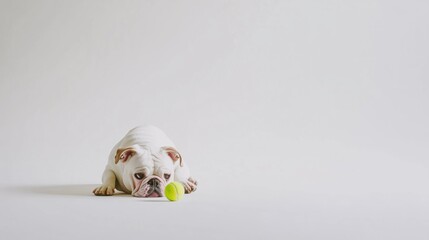 Bulldog puppy staring curiously at a tennis ball on white background