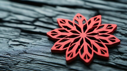 Red snowflake keychain paper on wooden background.