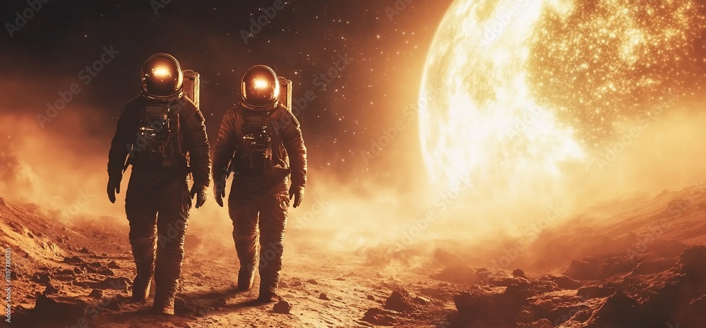 Poster astronauts exploring a distant planet under a glowing sun.