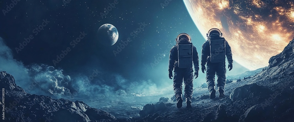 Poster astronauts exploring a lunar landscape with earth in the background.