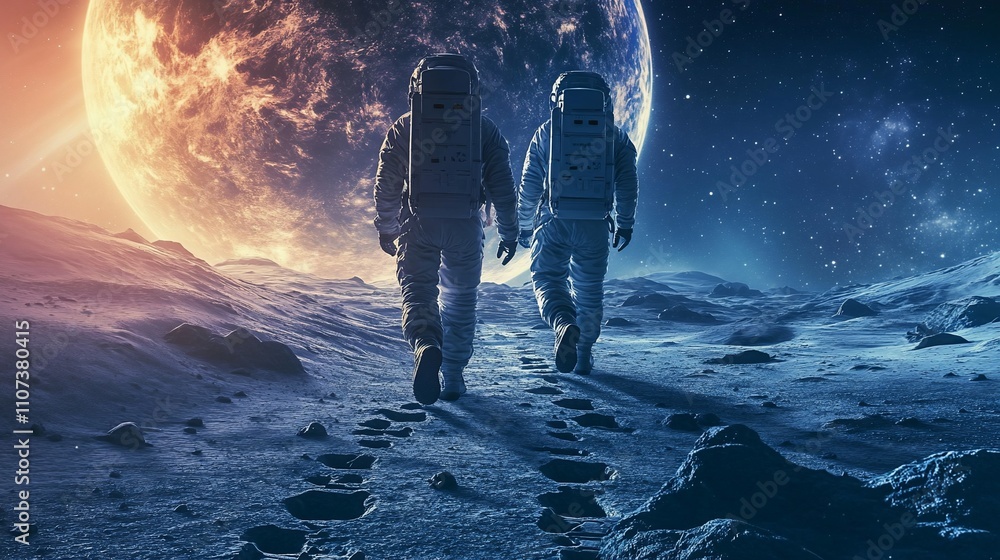 Poster Astronauts walking on a lunar surface with a distant planet backdrop.