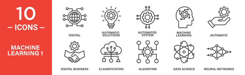 A set of 10 icons showcasing machine learning concepts, including digital solutions, neural networks, algorithms, automation, classification, and data-driven processes.