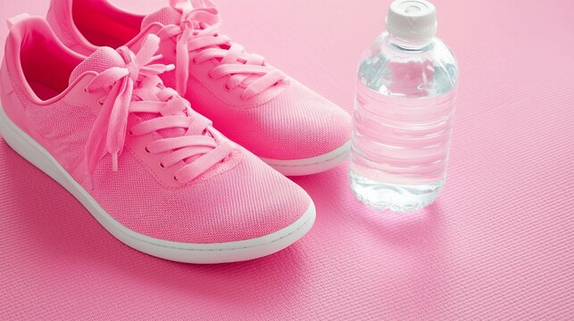 Pink Athletic Shoes and Water Bottle on Vibrant Pink Background