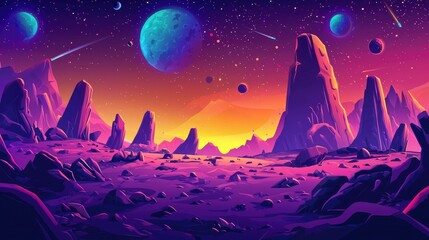 Fototapeta premium A Vivid, Purple and Yellow Alien Landscape with Large Rocks and a Blue Planet in the Sky