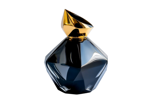 Geometric black perfume bottle with golden cap and reflective isolated on background.