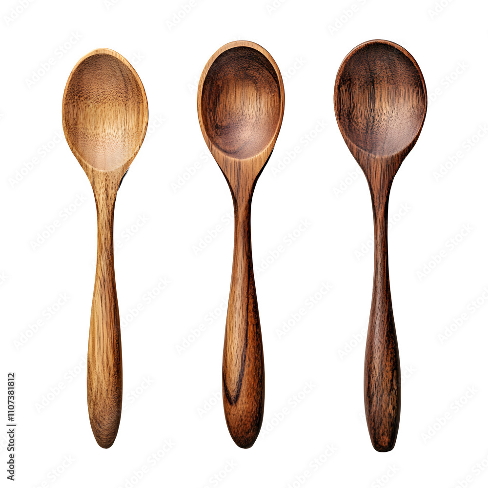 Poster three unique wooden spoons with varying wood patterns, set against a clear background, perfect for p