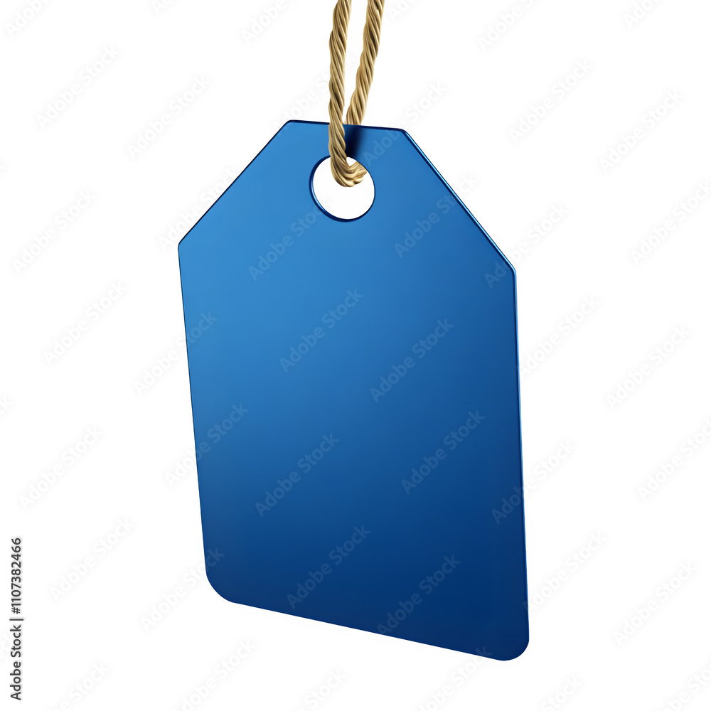 Poster vivid blue tag dangles gracefully from a cord in front of a clean backdrop, ideal for displaying sal