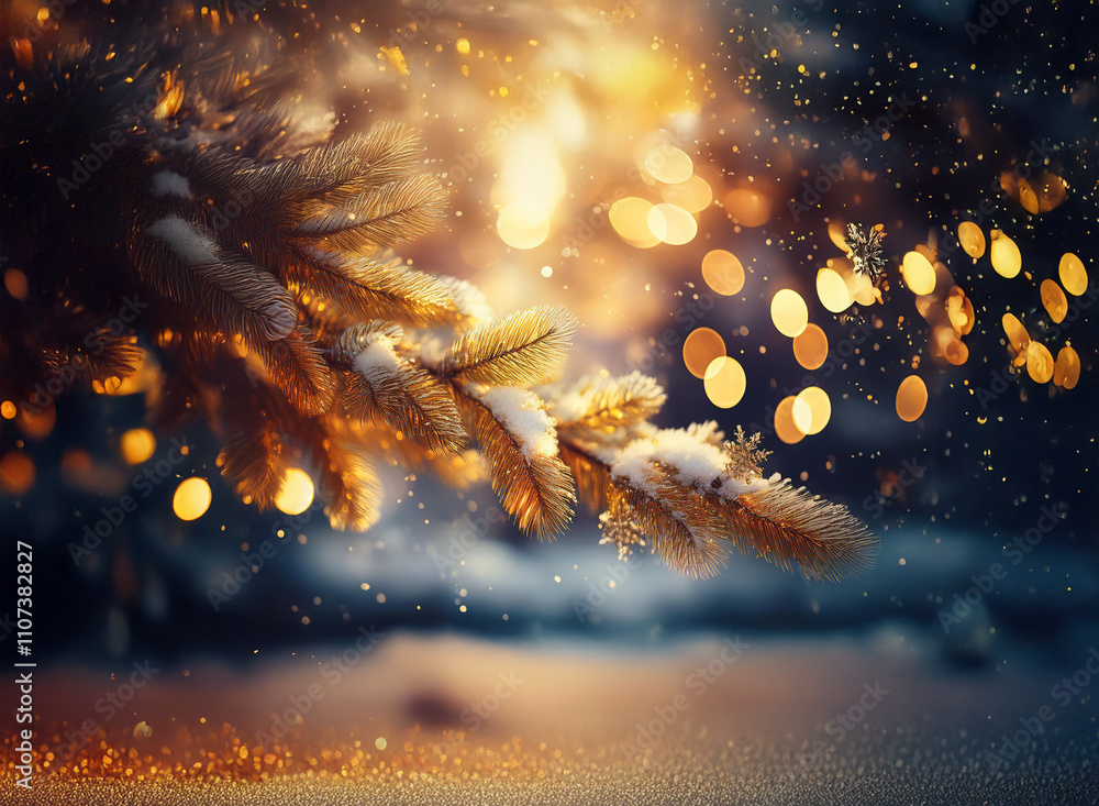 Aufkleber a snow-dusted pine branch glows in warm, golden light, bokeh sparkles dance in the air, creating a m