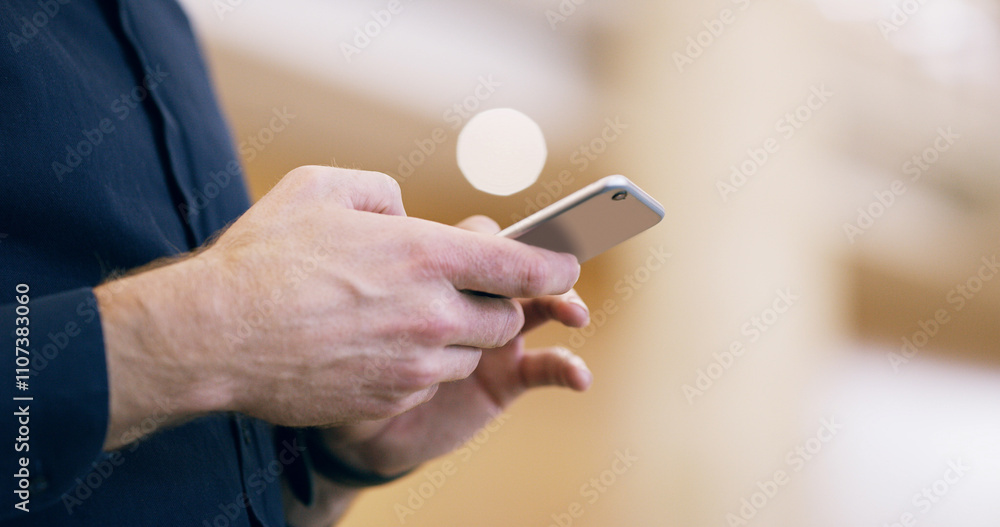 Poster business, hands and person with smartphone, typing and internet with connection. closeup, employee a