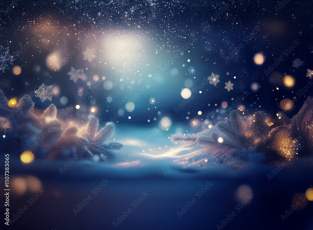 Poster magical winter scene. sparkling snowflakes drift through a luminous night, illuminating frosted bran