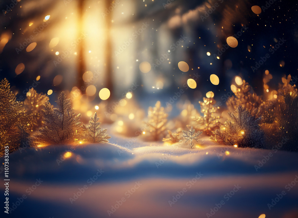 Poster magical winter scene: golden-lit snow-covered trees sparkle under a warm sunset glow, with falling s