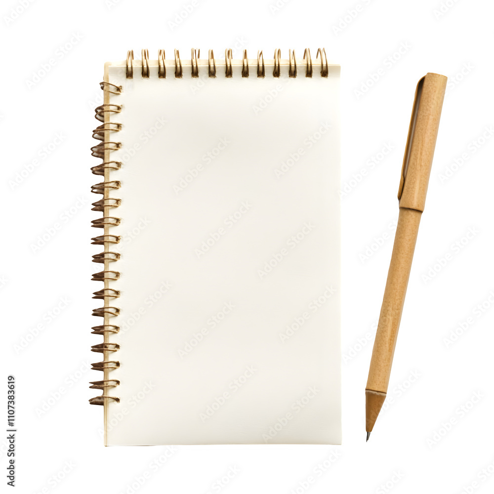 Poster sustainable stationery set with a wooden pen and blank spiral notepad, perfect for writing and note-