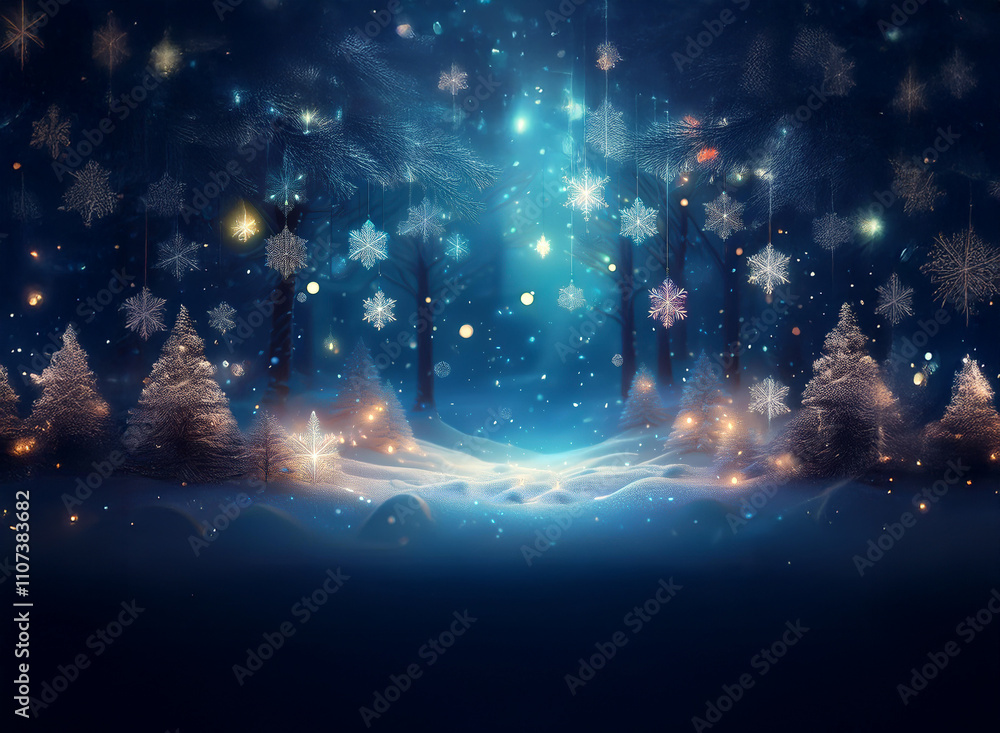 Poster enchanted winter forest scene. glowing snowflakes and lights illuminate snow-covered trees and a mys